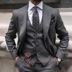 Mens formal suit 3-piece set jacket vest pants peak lapel single-breasted gray outfit for wedding groom ball party custom tuxedo