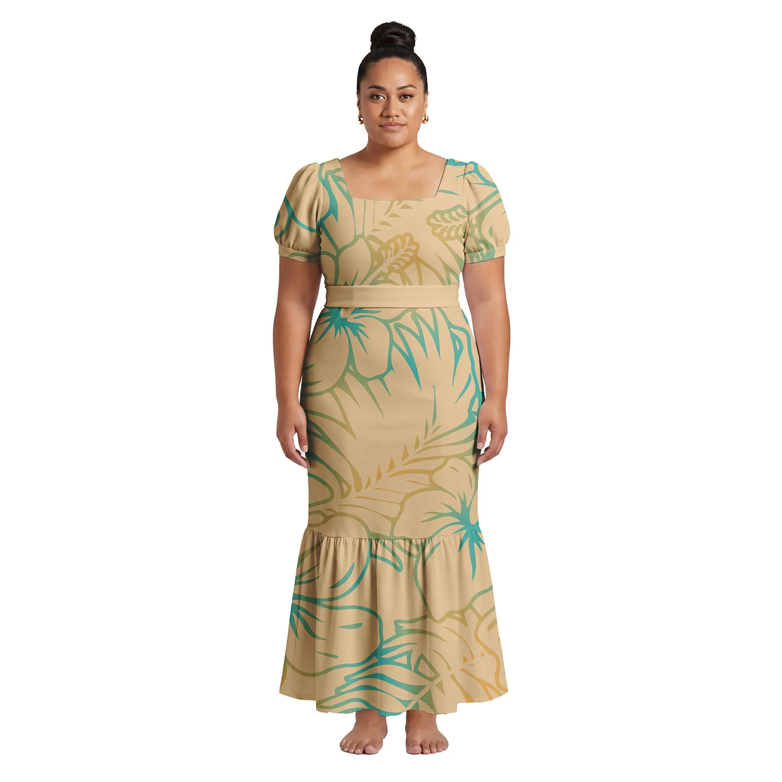 Low MOQ Over Size Clothes Polynesian Ladies Wear Samoan Print Beach Elegant Dress Hawaiian Women Tropical Pattern Lace-up Dress