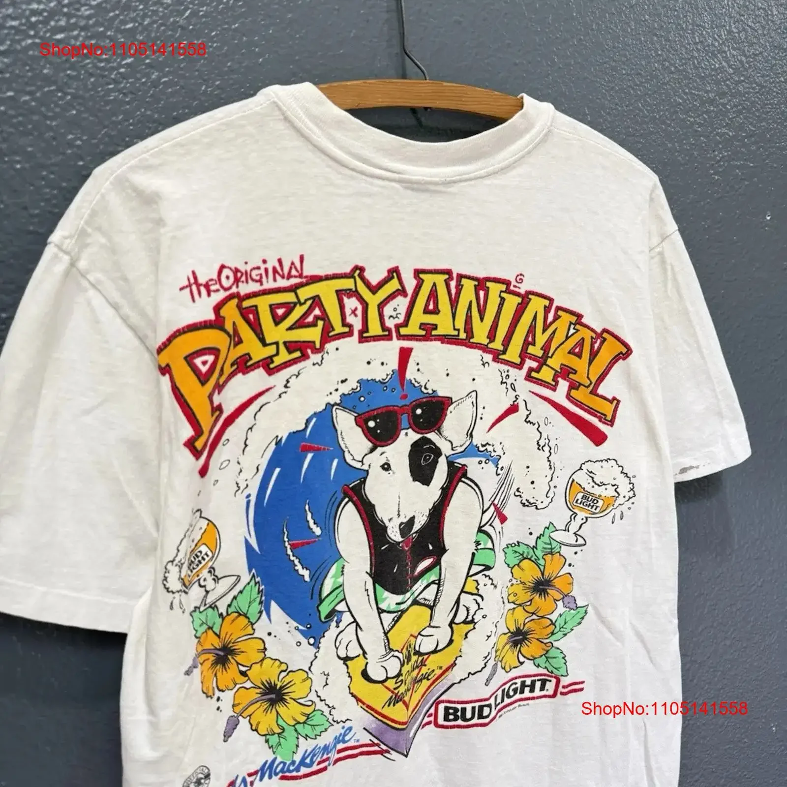 خمر 1986 Spuds Mackenzie برعم ضوء البيرة الأبيض تي شيرت حجم متوسط خمر غسلها أوم قمة الموضة لارتداء اليومي