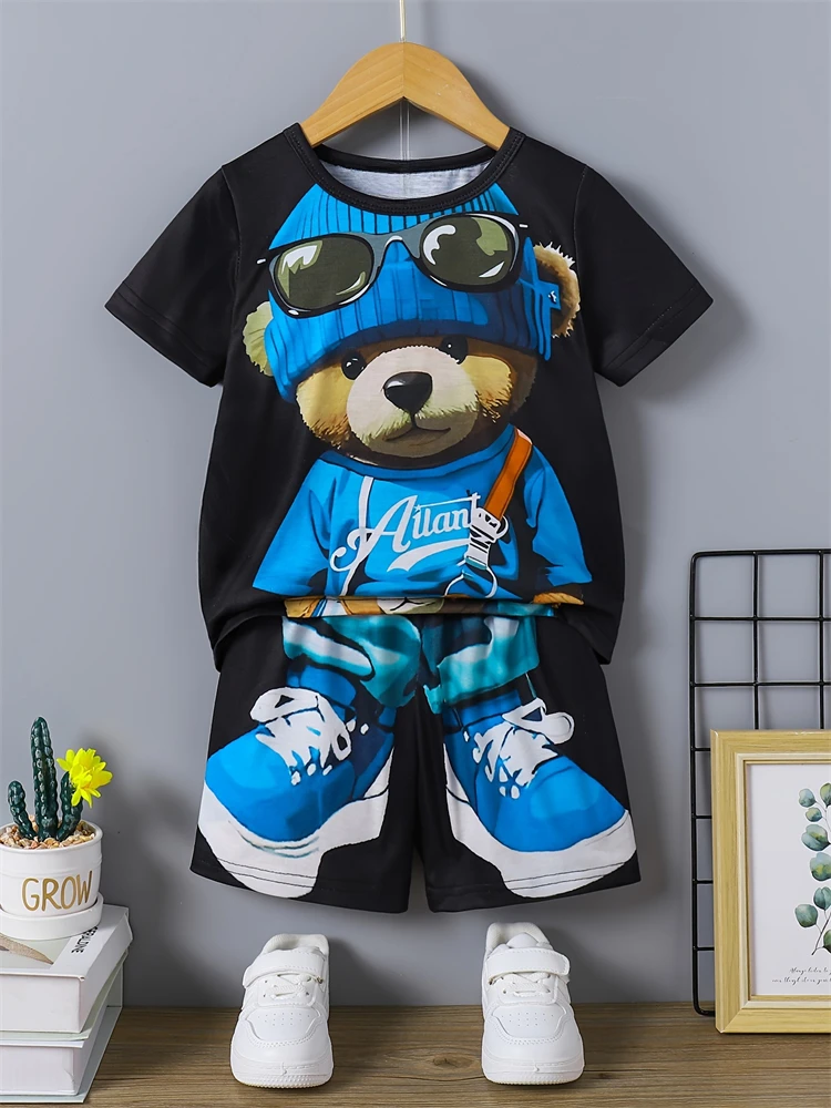 2024 new men's 3D cool printed personality trend series printed casual T-shirt set Children's T-shirt set men and women the same