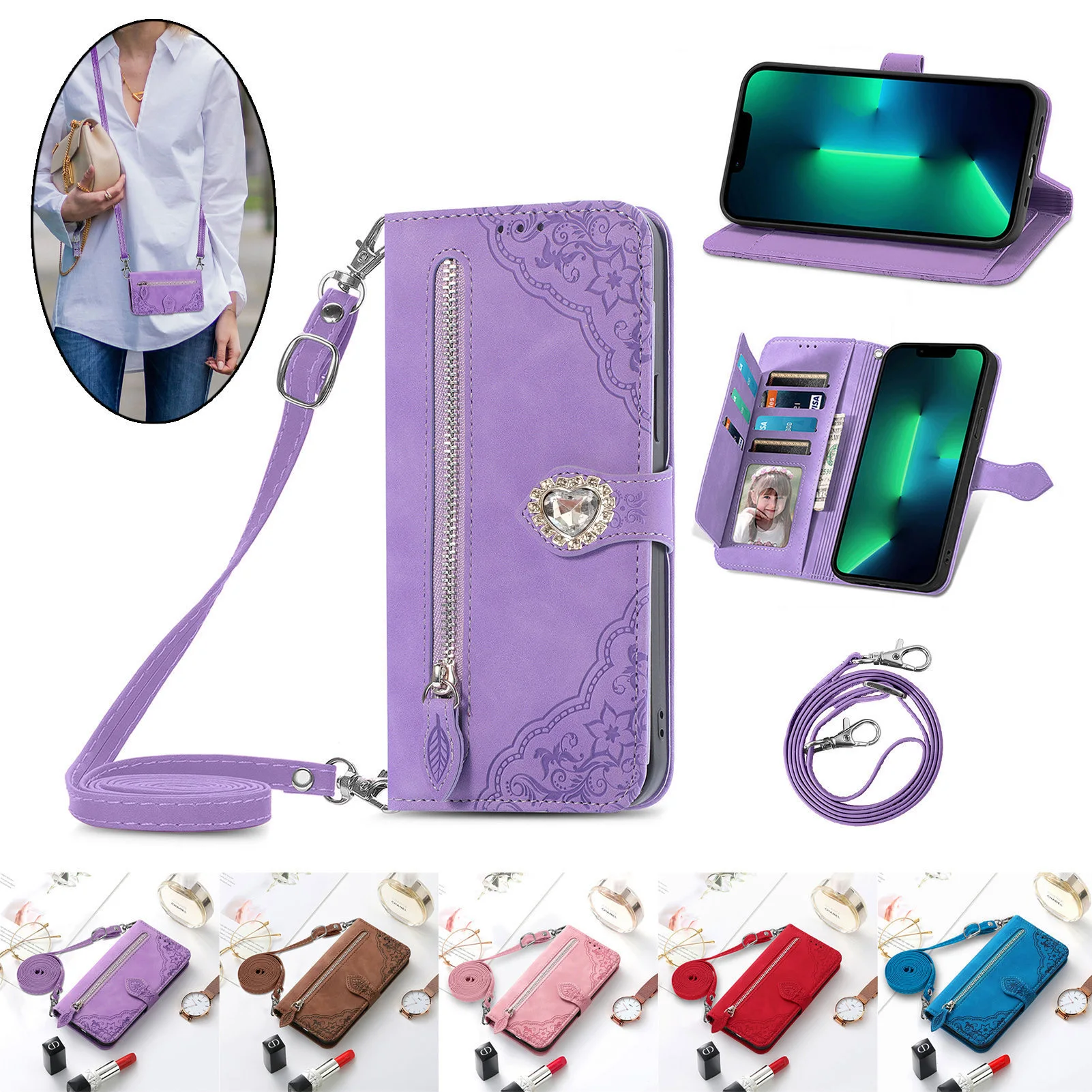 

Crossbody Wallet Case For T-Mobile Revvl 7 Pro 6 Glitter Diamond Leather 7 Cards Zipper Flip Cover ForT-Mobile Revvl 7 6 Pro