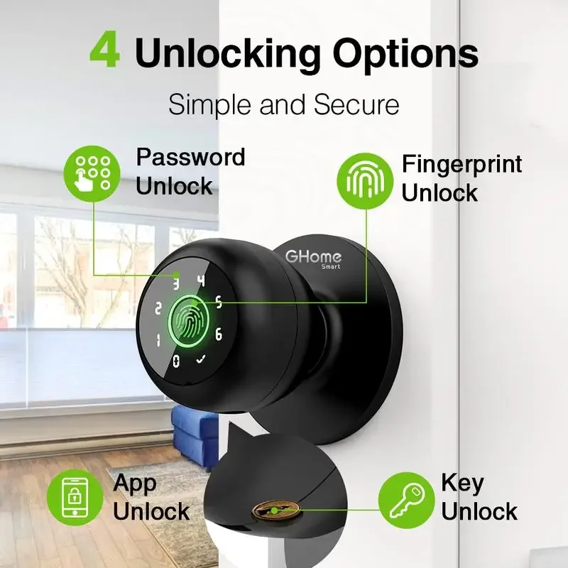 GHome Smart 4 in 1 Smart Fingerprint Door Knob with Keypad Smart Door Lock, Biometric Door Knobs & App Control