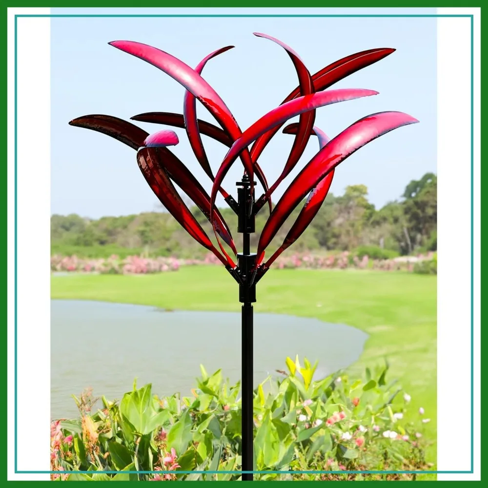 

82 inch Wind Spinner Outdoor - Large Metal Yard Art, Burgundy Red Garden Sculpture with Stake