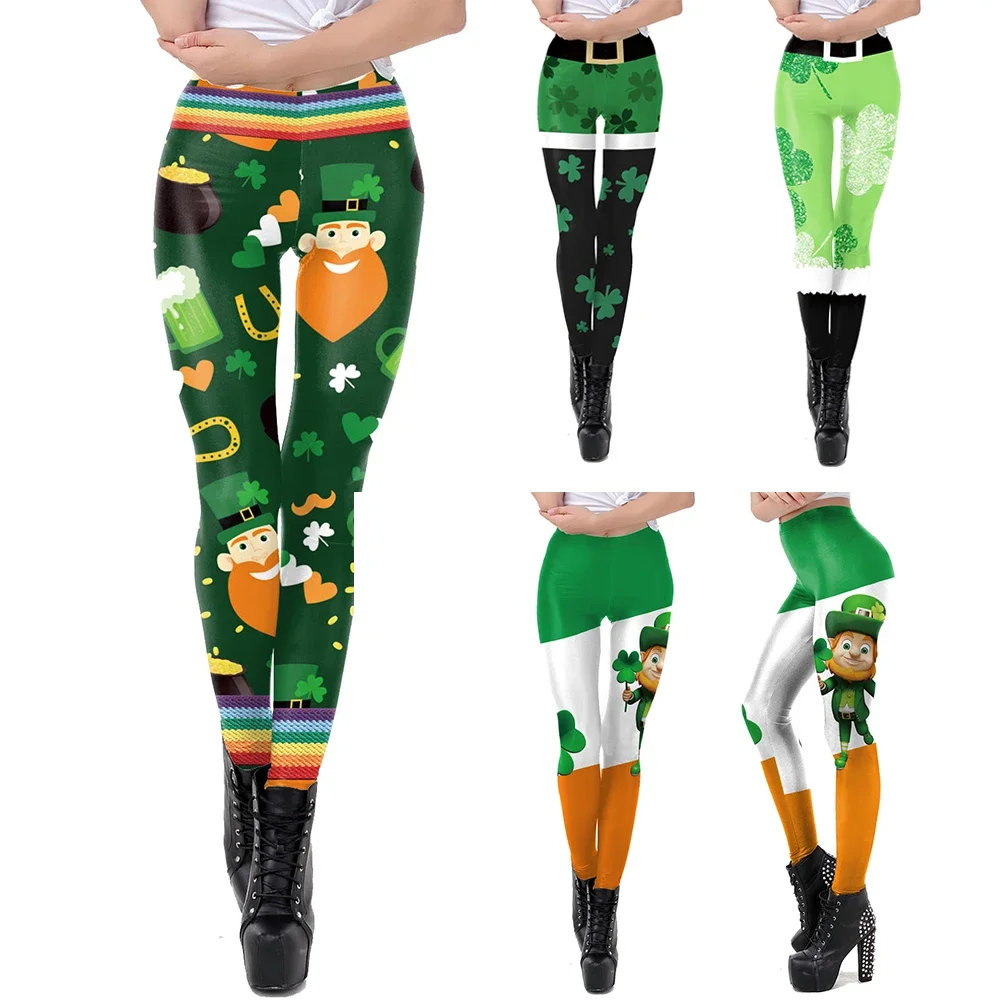 Woman's Leggings Irish Clover Striped Stretchy Slim Leggings Elastic Fitness Trousers St Patrick's Day Leggin Party Costume