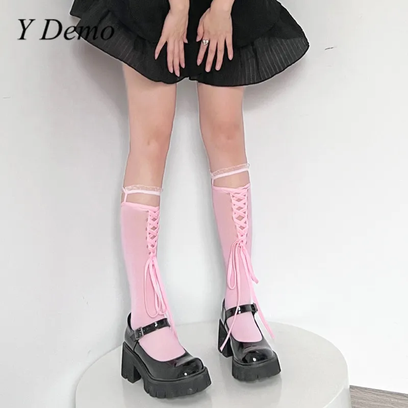 

Y Demo 1 Pair Lolita Sweet Color Patchwork Lace Socks Women Cute Drawstring Summer Thin Socks For Female