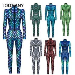 Animal Scales Peacock Feather Snake Skin Interesting Punk Gothic Women Sexy Halloween Slim Jumpsuit Cosplay Costume Bodysuit