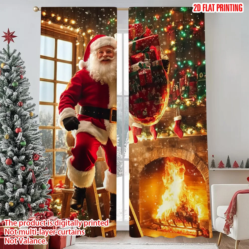 

2pcs 2D flat printing Merry Christmas Scene Curtains Santa climbs ladders Versatile 100% Polyester Without Electricity Party