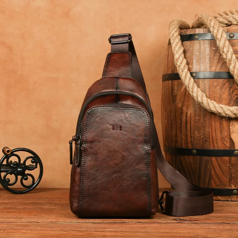 Retro Chest Bag Genuine Leather Men's Single Shoulder Backpack For Male Outdoor Packs Crossbody Sports s Men