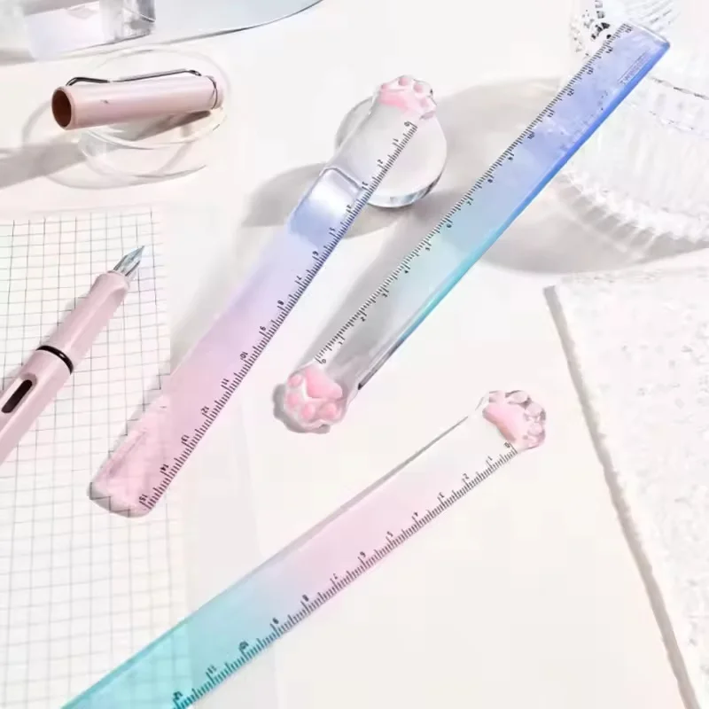 1pc Gradient Colored Plastic Cat Paw Ruler Measuring Stationery Creative Painting Ruler Portable Student Stationery Ruler