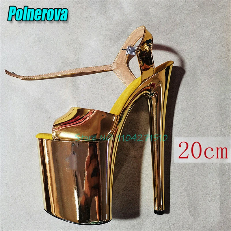 

Golden Laser Leather Platform Sandals for Women Pole Dancing 20CM High Heels Pumps Sexy Open Toe Ankle Strap Model Runway Shoes