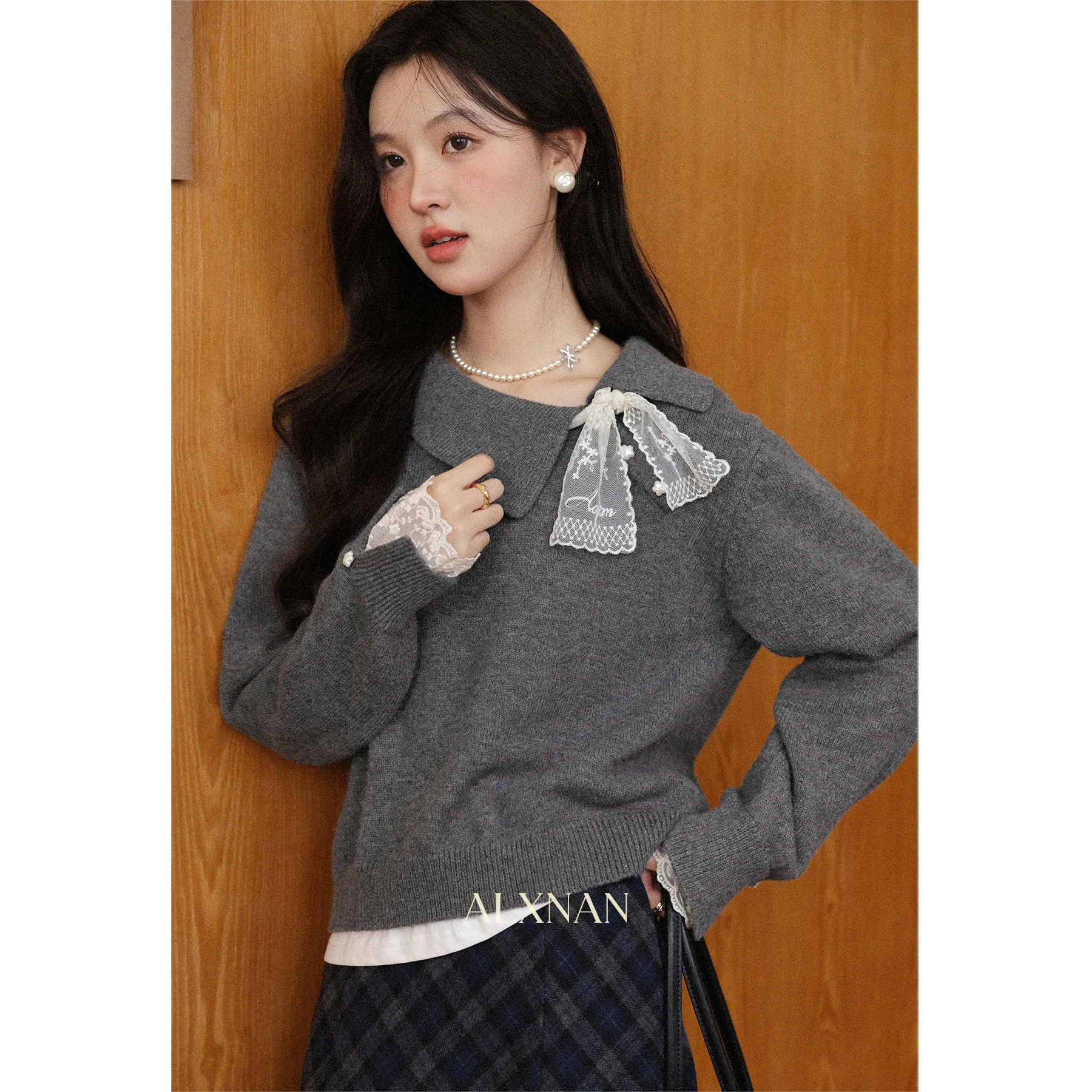 ALXNAN Black Sweater Autumn New Casual Lace Stitching Elegant Sweet Sweaters 2025 Fall Casual Loose-fit Long Sleeve Tops L57319