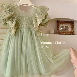 2024 Summer dress Nailed pearl Lace Fairy dress for baby girls Fancy lace puffed sleeve poplin Princess dress