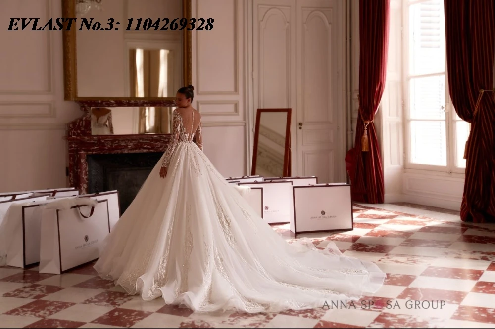 Evlast personalizado vintage uma linha vestido de casamento manga longa renda apliques pérolas miçangas vestido de noiva novia e3wa29