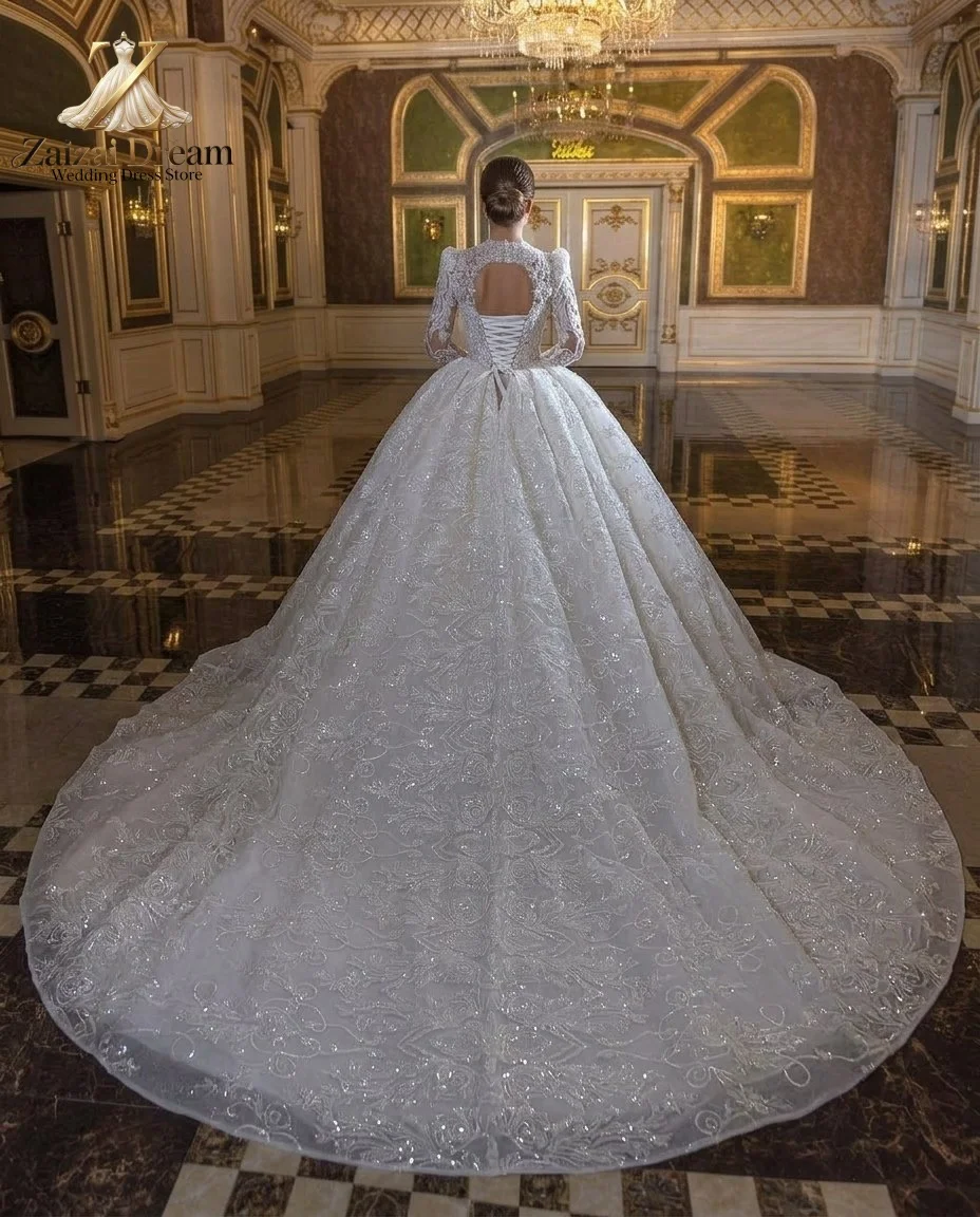 Customized Luxury Crystal Wedding Dress Long Sleeve Lace Ball Gown Princess Bridal Gown With Cathedral Train Vestido De Novia