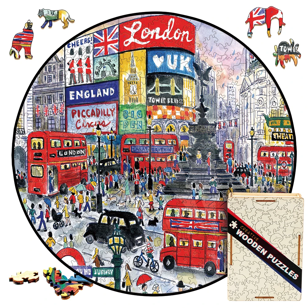 

London Street Wooden Jigsaw Puzzle Toy Hand Painting Wood Puzzles Entertaining Games For Children Birthday Invite Gift 3D Puzzle