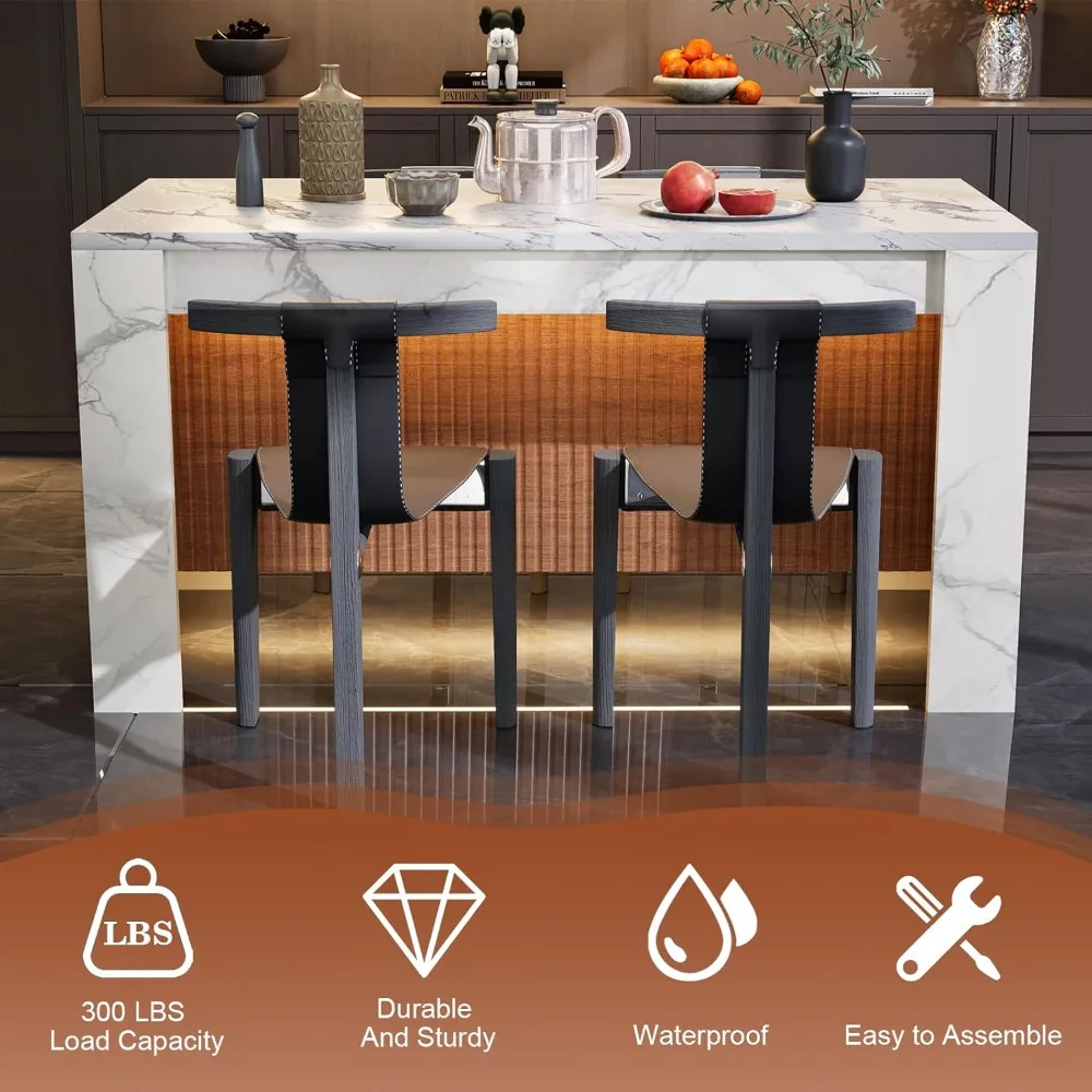 Rectangular Faux Marble Dining Table, 63 Island with LED Lighting, Seats 4-6, Modern Marble Striped Kitchen Dining