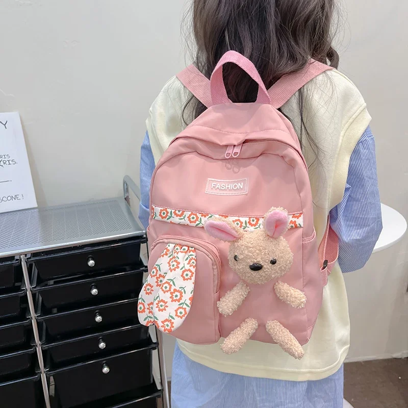 Cute Rabbit Cartoon Backpacks Children Girls\' School Bag Retro Women Mini Fashion Solid Color Small Backpacks Student Backpack