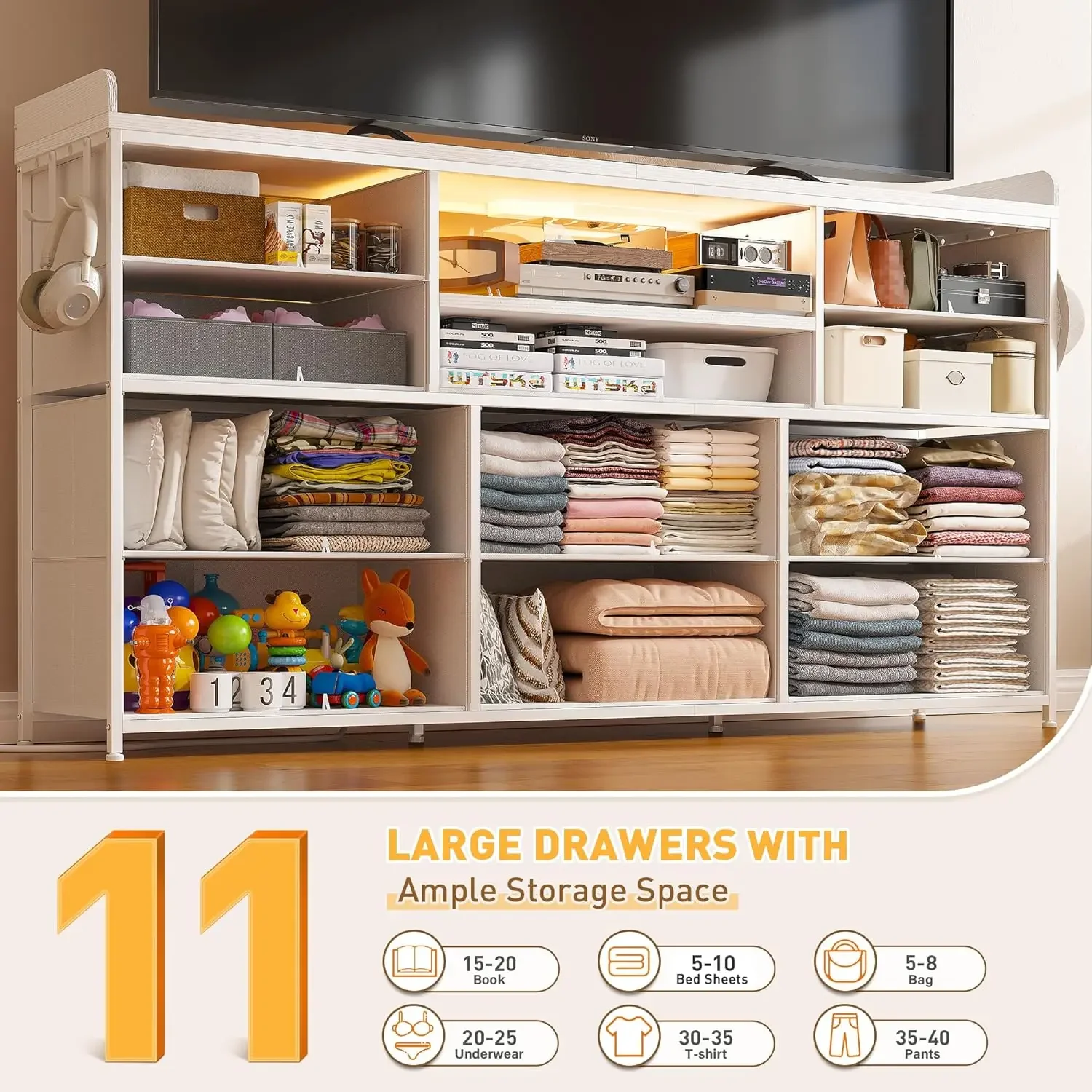 Dresser for Bedroom with 11 Drawers for 60" TV Stand for Bedroom with LED Lights & Charging Station Long Dresser with Shelves image 4