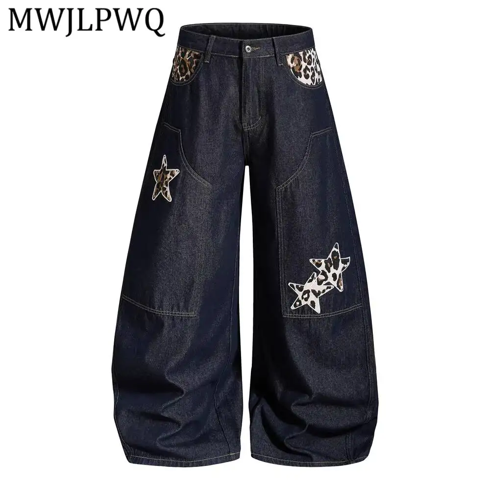

MWJLPWQ Camouflage Embroidery Design Denim Curved Jeans For Men High Street Autumn Trendy Niche Loose Wide-Leg Trousers 17207
