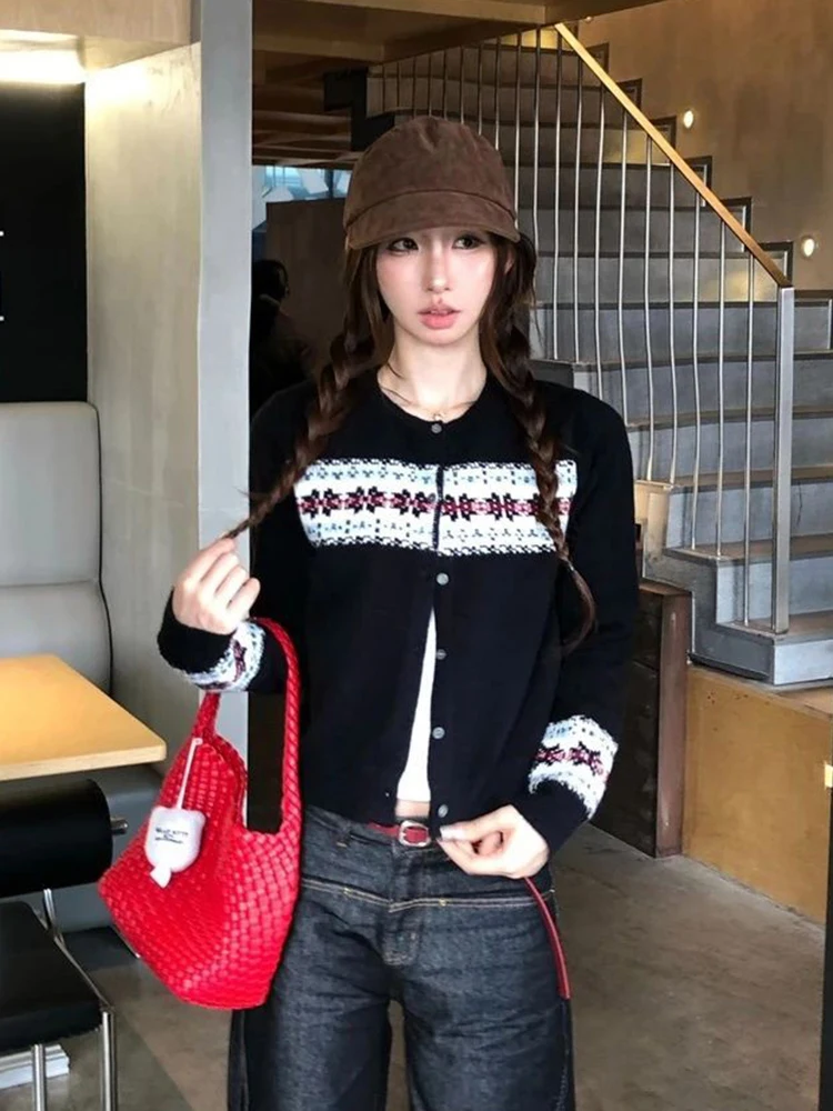 Outono inverno vintage malha cardigan feminino botão jacquard manga longa camisola casual preppy o pescoço doce retro estudante curto topos