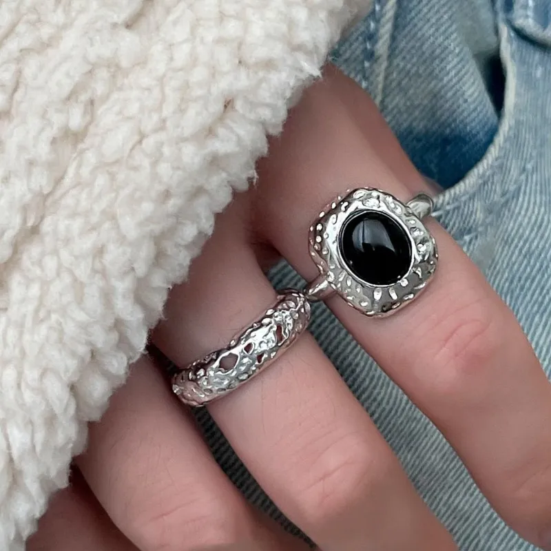

VENTFILLE 925 Sterling Silve Black Agate Ring for Women Punk Irregular Hollow Out Liquid Lava Adjustable Jewelry Gift Dropship