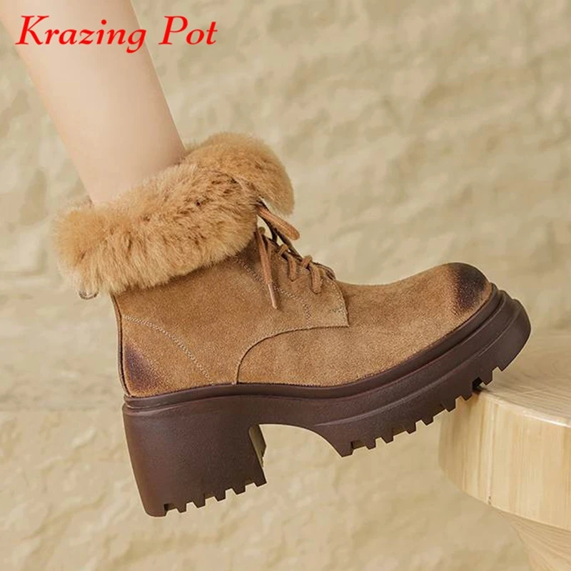 Krazing Pot Cow Suede Wool Round Toe Platform Snow Boots Winter Keep Warm Thick High Heel Fur Lace Up British School Ankle Boots