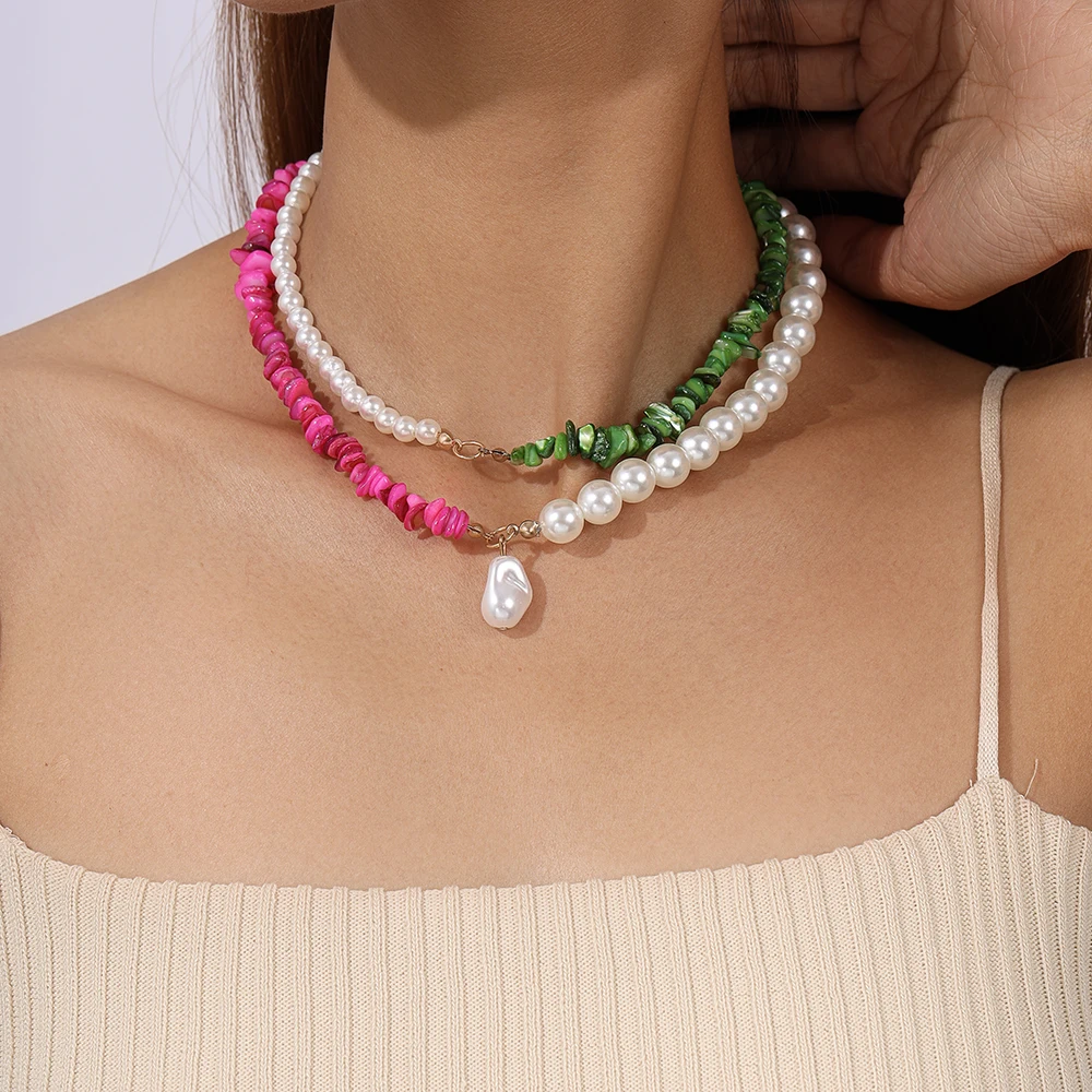 2pcs Summer Beach Pearl Necklace for Women Colorful Stone Beaded Choker Necklaces Girls Party Holiday Jewelry Gifts