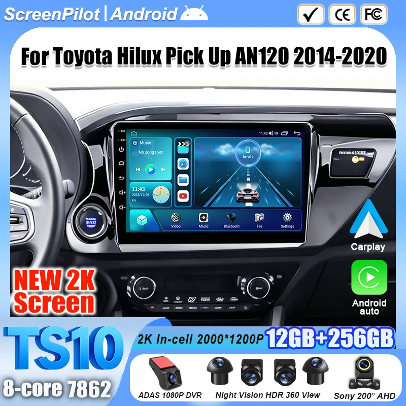 Android 16 For Toyota Hilux Pick Up AN120 2014-2020 Car Radio Stereo Head Unit Multimedia Video Player 9 Inch 2K QLED 8 Core 5G