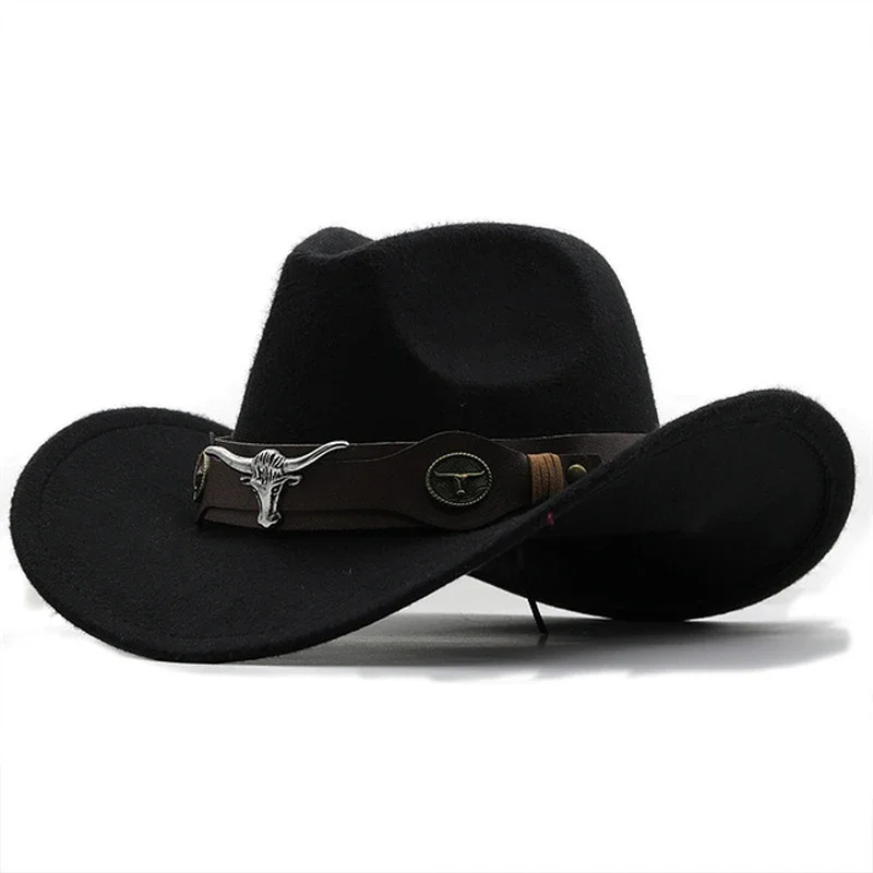 Western Cowboy Hat 4 Sizes Black Woolen Jazz Top Hat Men Ethnic Style Cow Head Ribbon Felt Cap Women Children Riding Fedora Hat