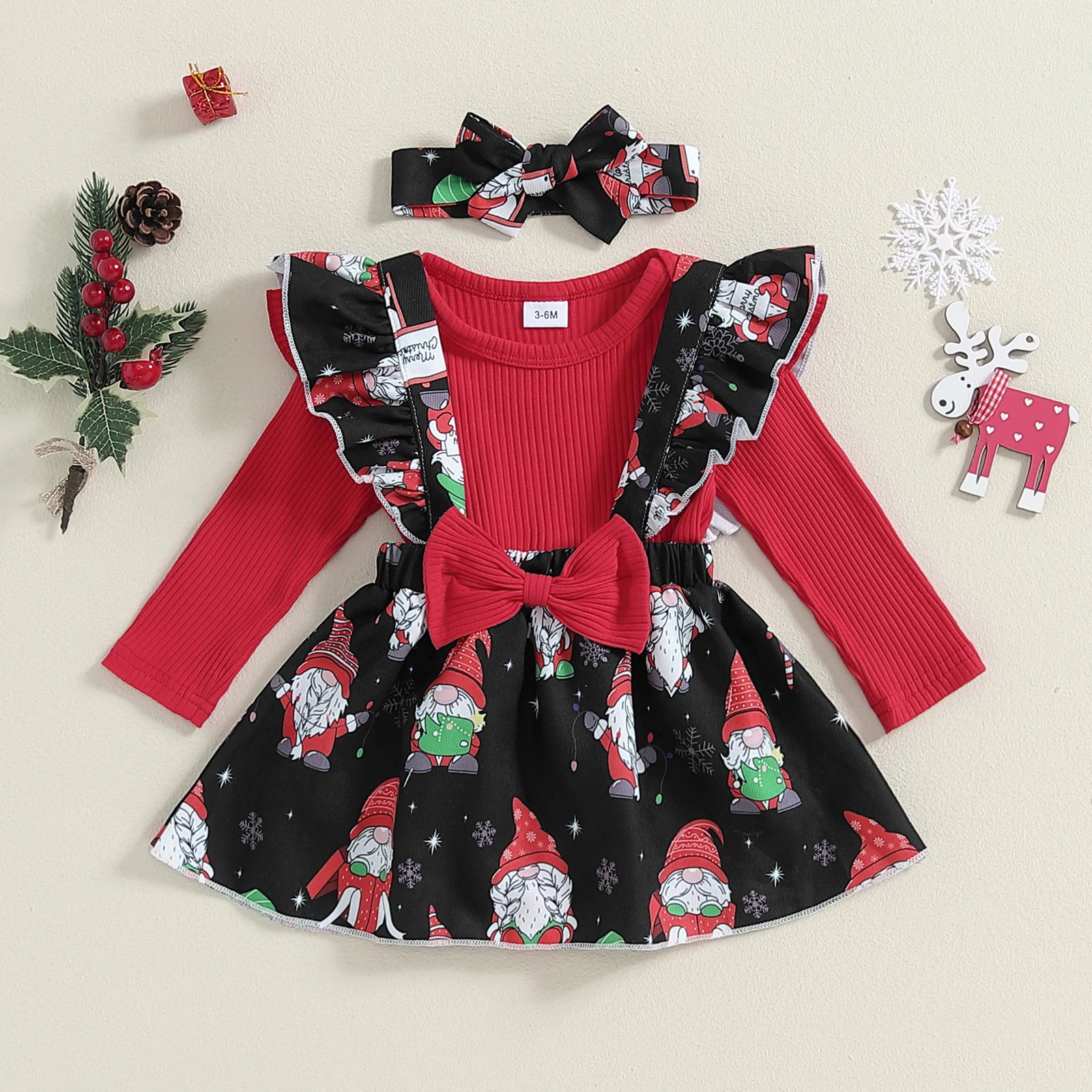 Tregren Baby Girl Christmas Outfit Ruffle Long Sleeve Ribbed Romper Santa Claus Print Suspender Skirt Headband 3 Piece Set