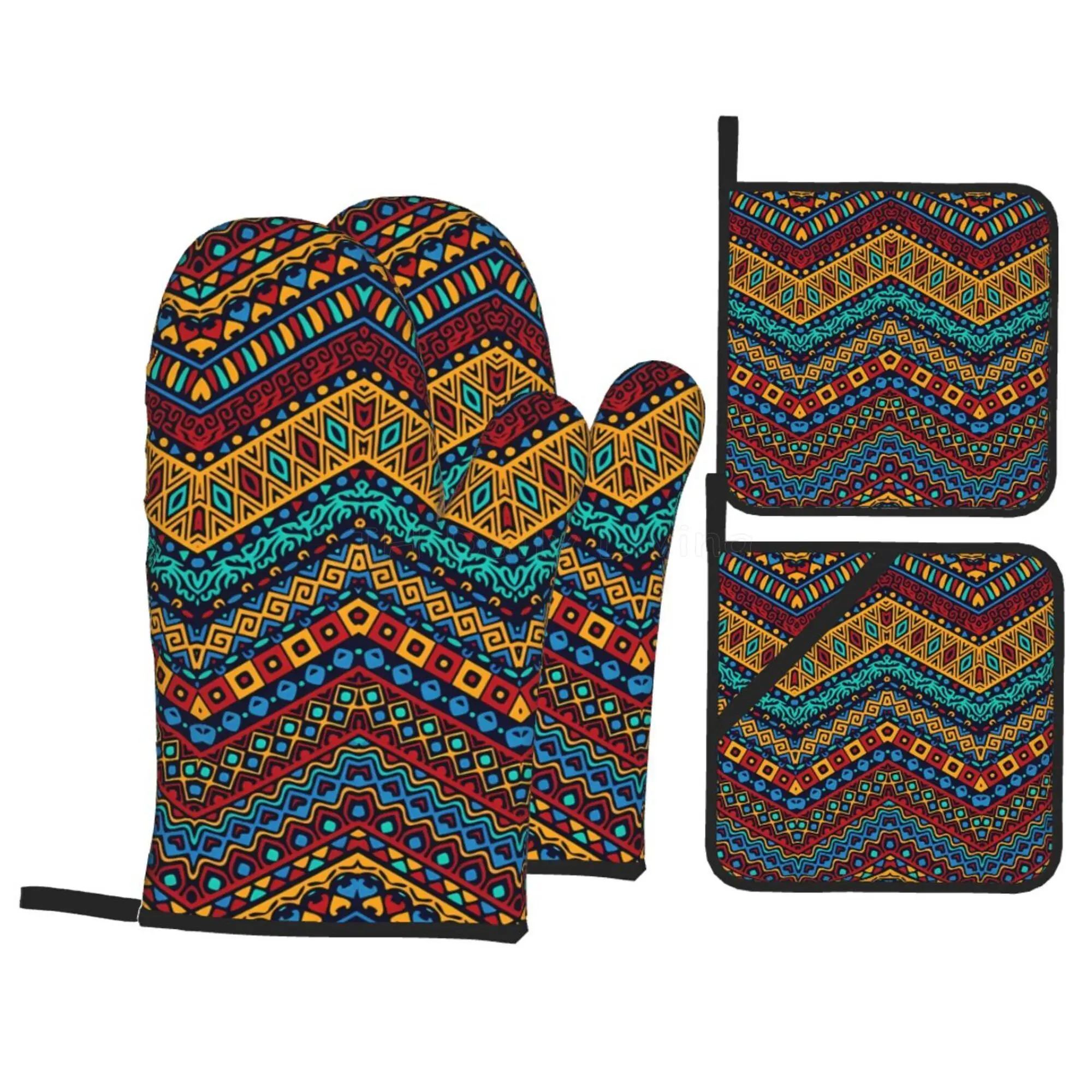 Boho Style Colorful African Ethnic Tribal Geometric Oven Mitts and Pot Holders Sets of 4 Non-Slip Heat Resistant Kitchen Gloves