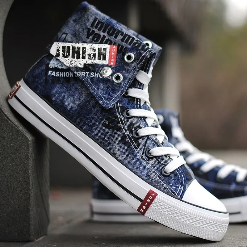 Men's Canvas Shoes, Hip-hop Denim High Top Lace Up Casual Shoes, Street Skateboarding Shoes, Plus Size Men's Tenis Masculino