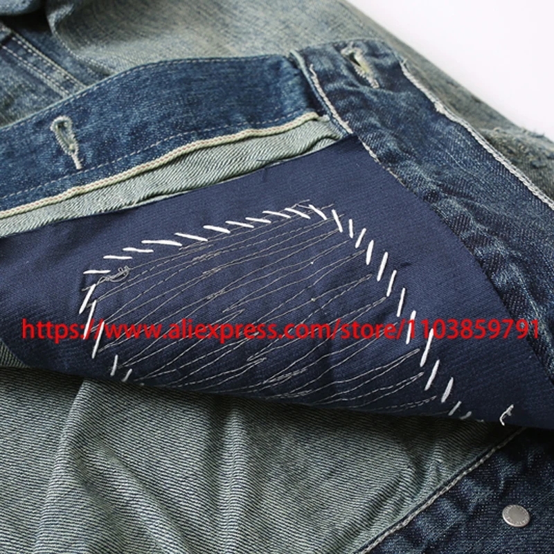 High Street Trend NBHD Denim Jacket Fashionable Patchwork Ripped Hole Colored Line Retro Casual NBHD Sweatshirts Coats