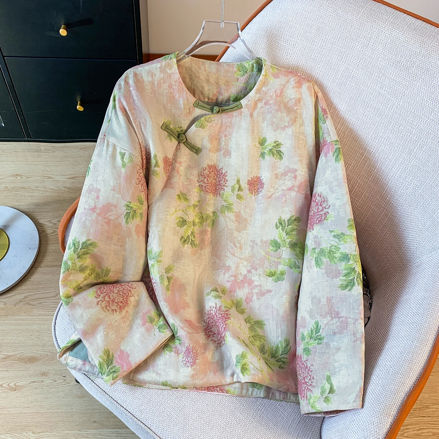 

Thiened Cotton Jaet Women's Loose Casual Warm Coat with Button Print Collar Long Sve round Ne Traditional Chinese Sle