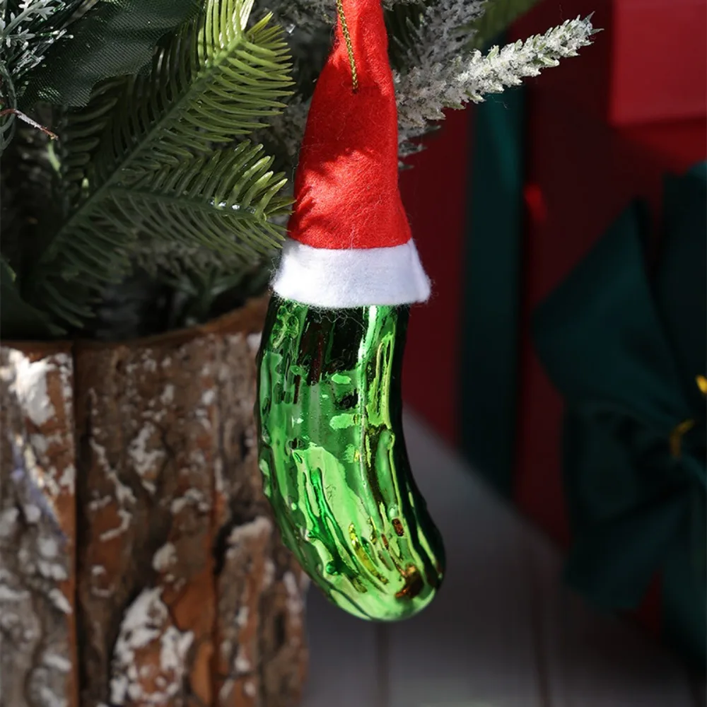 Glass Cucumber Christmas Decoration Xmas Tree Hanging Decor Cucumber Santa Hat Holiday Party Home Decor Christmas Ball Pendant
