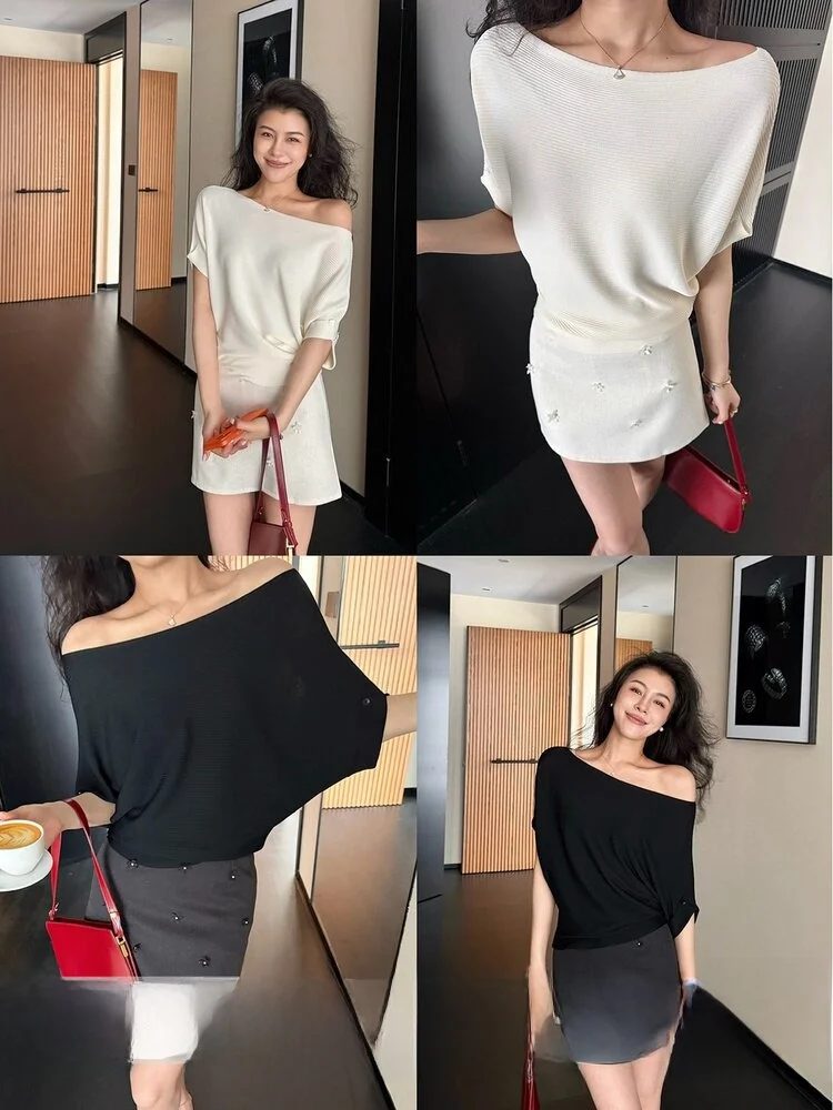 

Seoul Travel Themed Two-Piece Set with Knitted Short Skirt And Embellished Pearl Top for Commuting And Dating Women's Fashion
