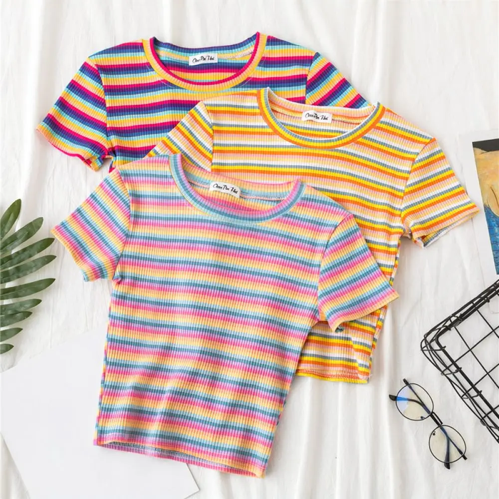 Sexy Colorful Stripe Cropped T Shirt Women Summer Slim Fit Round Neck Short Sleeve Casual Elegant Basic Pullover Top