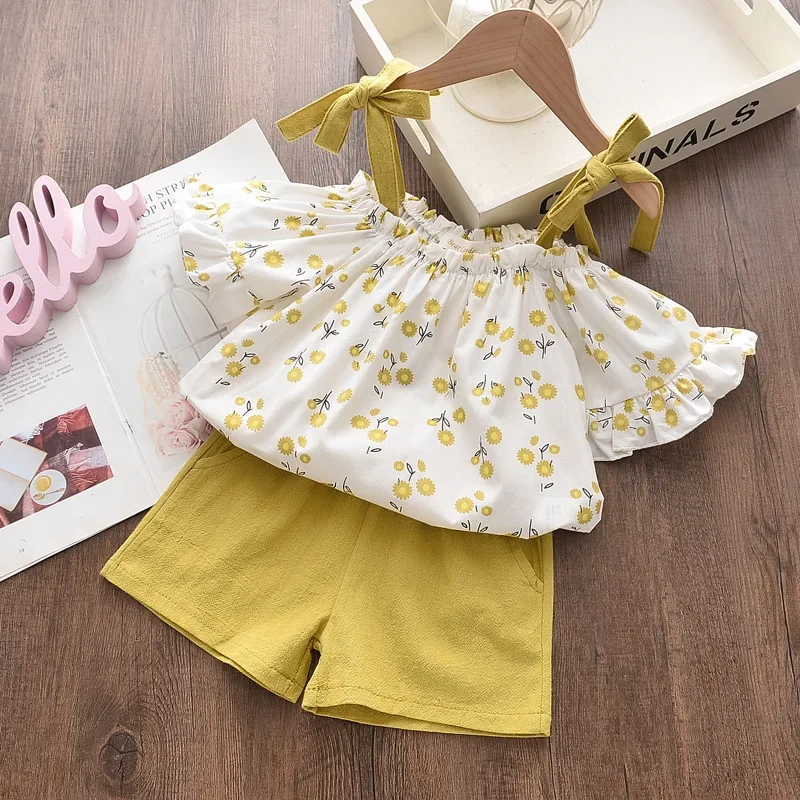 Summer Casual Girls Clothing Sets Kids Clothing Sets Sleeveless Floral T-shirt + Shorts Pants 2Pcs Suit Bow Children Girl Suit