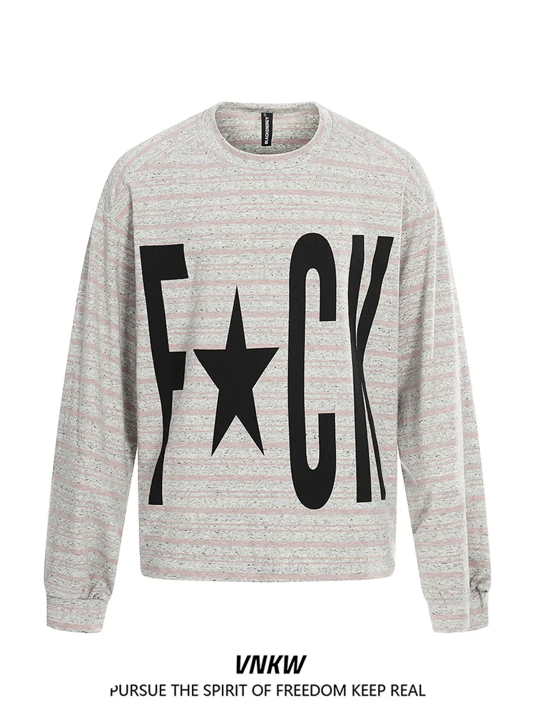 

Ретро-футболка с принтом в американском стиле, удлиненная, из плотного материала, свободного кроя, с круглым вырезом, модная, в полоску, повседневная