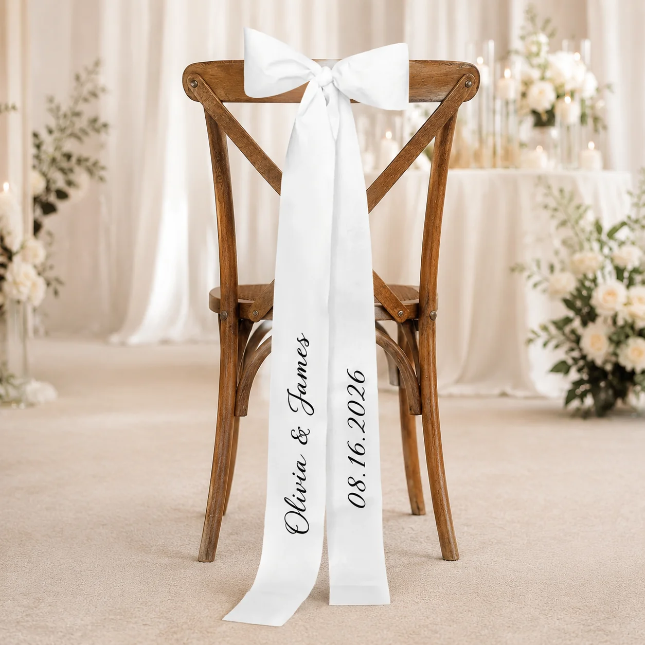 Personalized Wedding Chair Ribbon Custom Name Seating Bow for Wedding Sign Bridal Party Reception Ceremony Chair Decoration