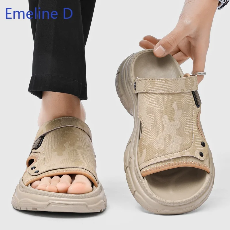 Male Open Toe Slide Sandals Sleek Matte Synthetic Leather Snap Fastener Strap Distinct Embossed Camo Side Panel Slip Flat Shoes