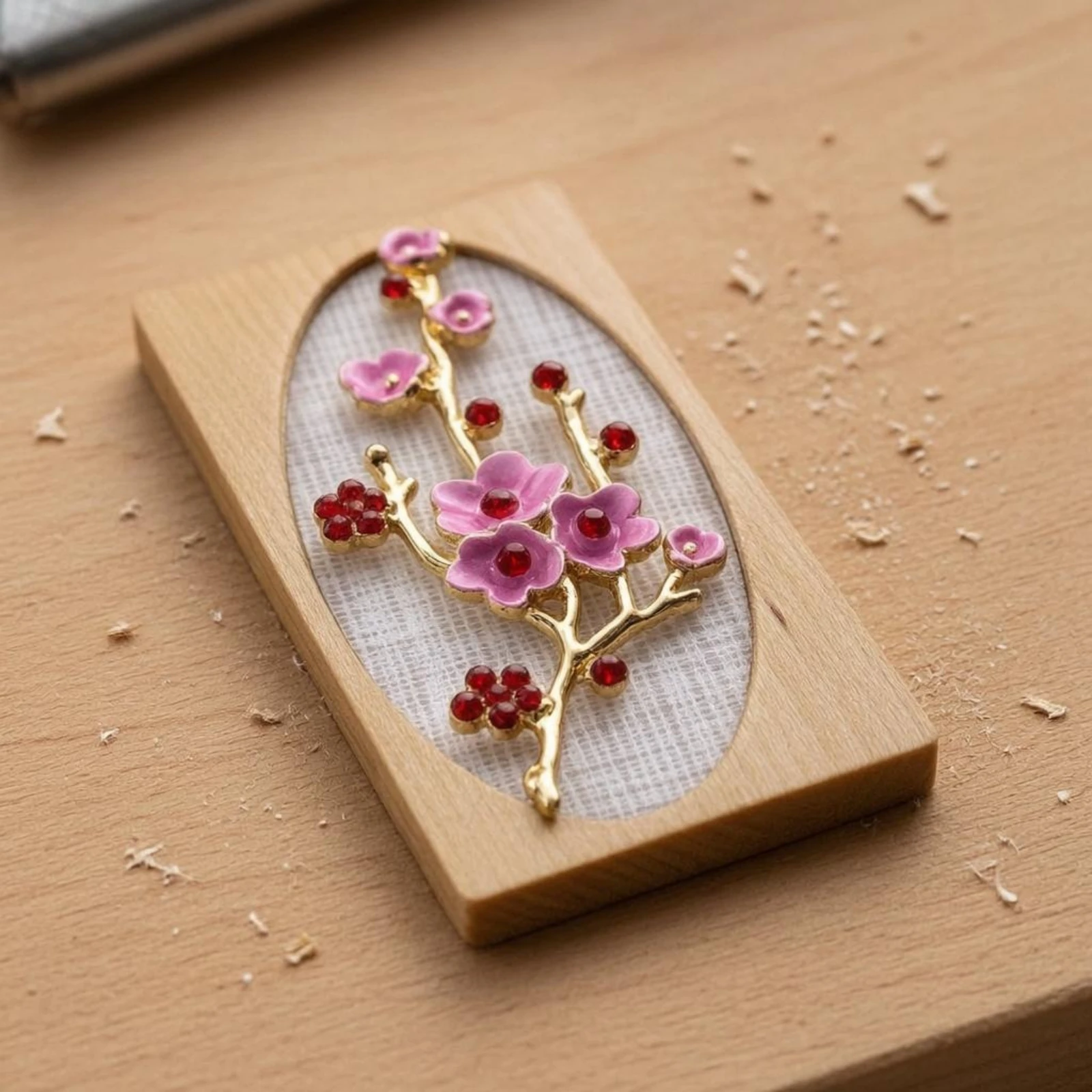 Plum Blossom Frame Patterned Background Miniature Floral Frame Mini Decor Wood-Tone Wall Hanging
