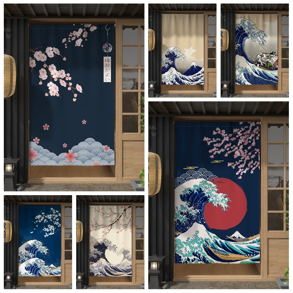 Japanese Wave Red Sun Cherry Blossom Door Curtain Kitchen Room Living Partition Bedroom Doorway Single Piece Hanging Curtains