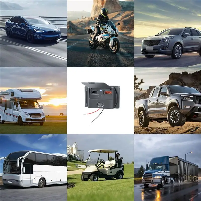 A73Q-Quick Charge PD Type-C + USB Ports Car Bus Socket Adapter USB Power With Switch For Marine Motorcycle