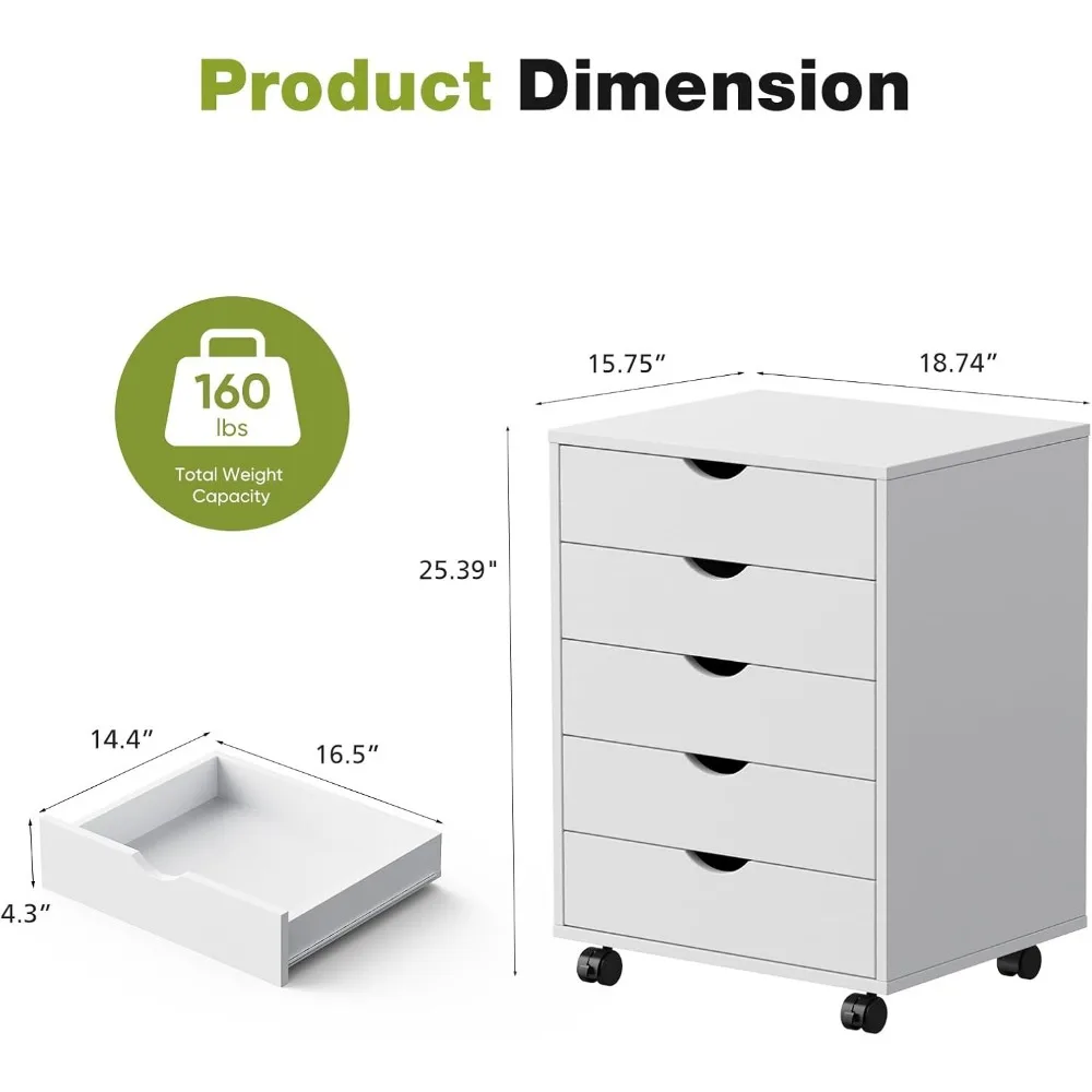 5-Schubladen-Kommode, mobile Aufbewahrungsschränke, kleine Kommode aus Holz mit Rollen, Raumorganisation, Möbel für Büro und Zuhause