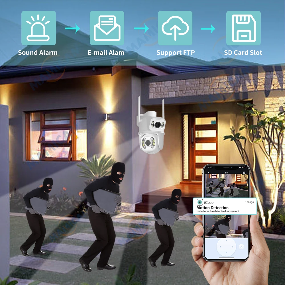 6MP WIFI IP Camera Dual Lens Dual Screen Outdoor PTZ Auto Tracking AI Human Detection Security Home CCTV Camera ICSEE App