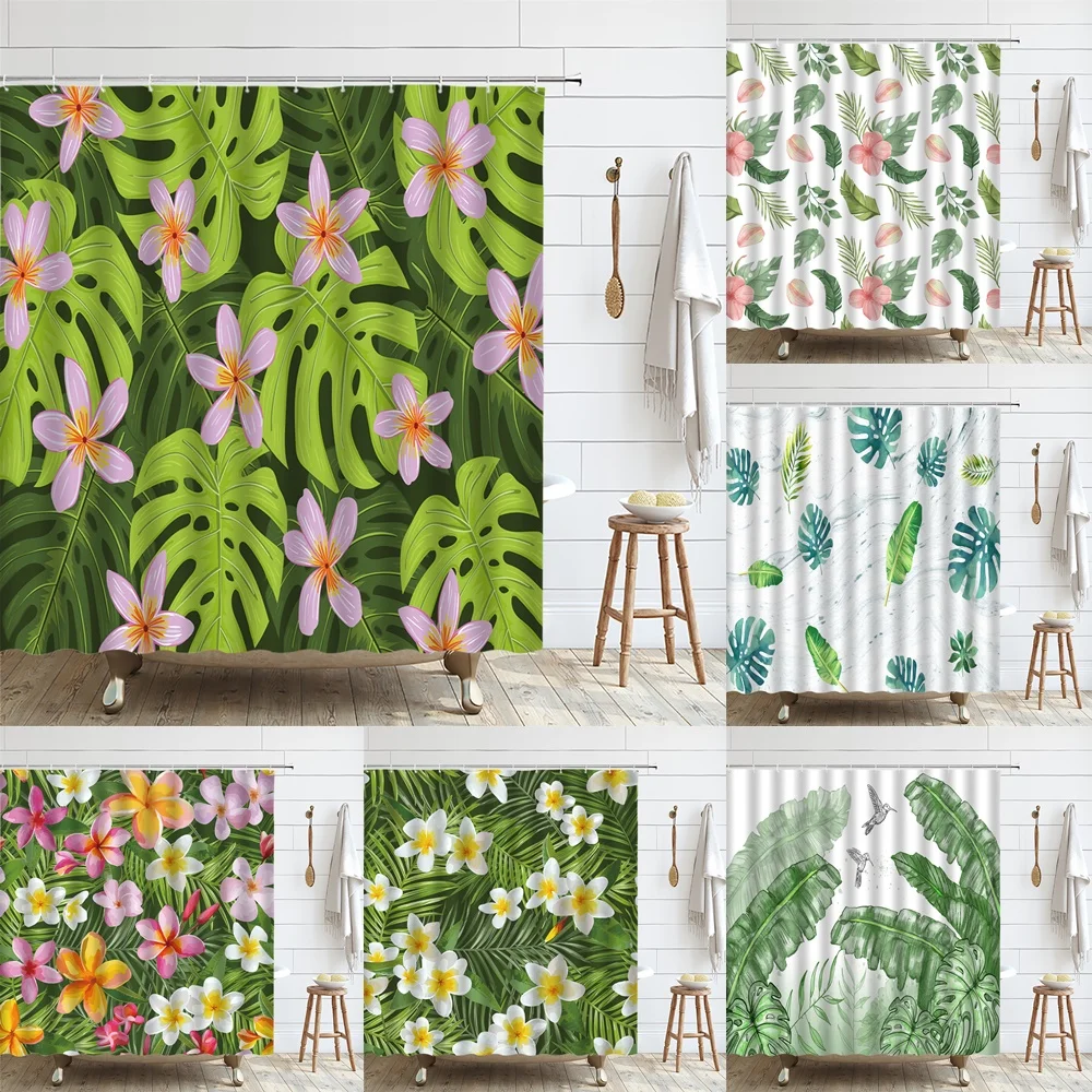 

Tropical Plant Leaves Shower Curtain Watercolor Botanical Flower Jungle Polyester Fabric Bathroom Decor Curtains Bathtub Screen