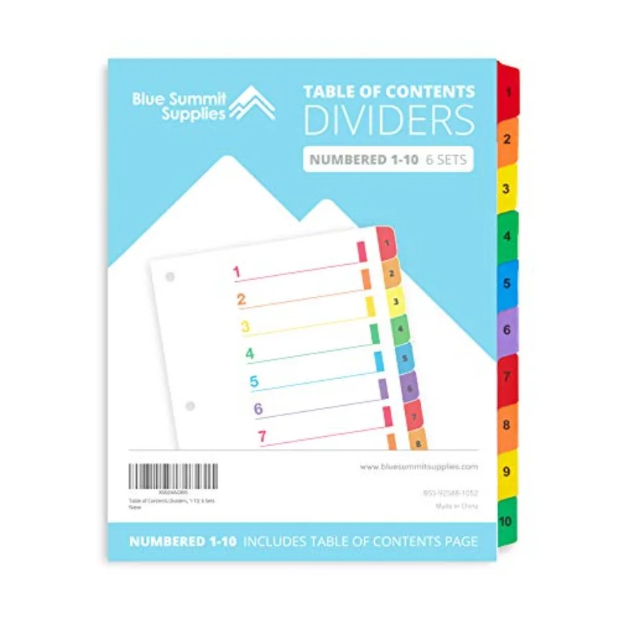 

10 Tab Binder Dividers for 3 Ring Binder or Notebook, Subject Dividers with Multicolor Numbered Tabs, Includes Customizable Tab