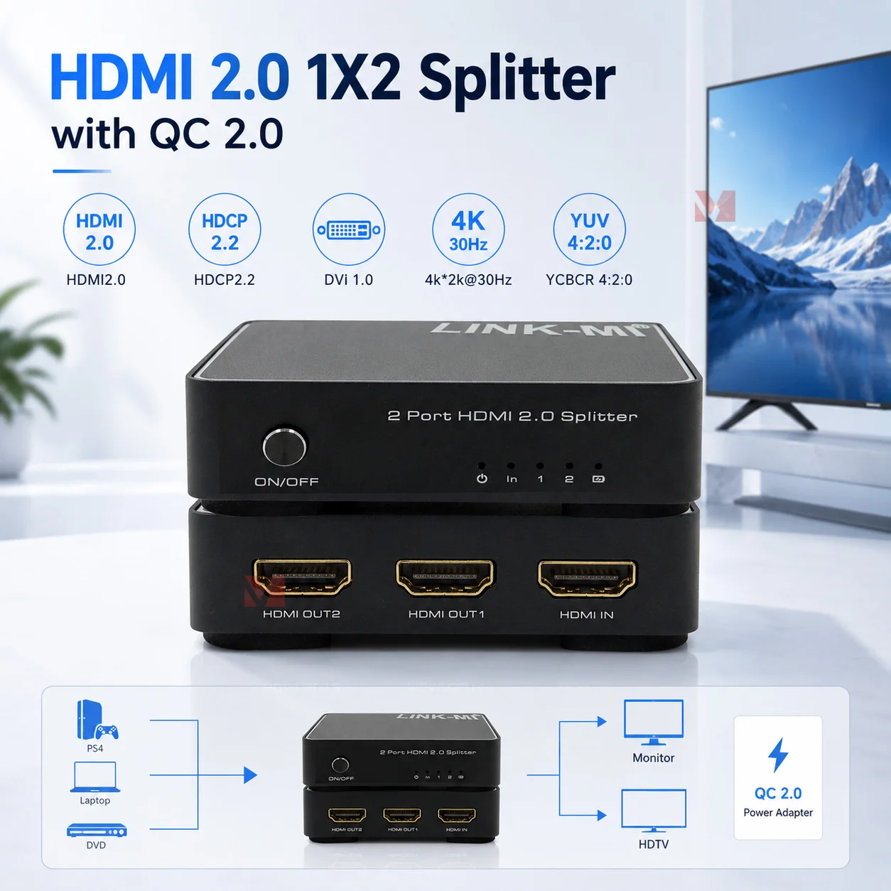 

4K HDMI Splitter 1 in 2 out for TV And Dual Monitor 1080P HDMI Splitter for Gaming And Video Transfer