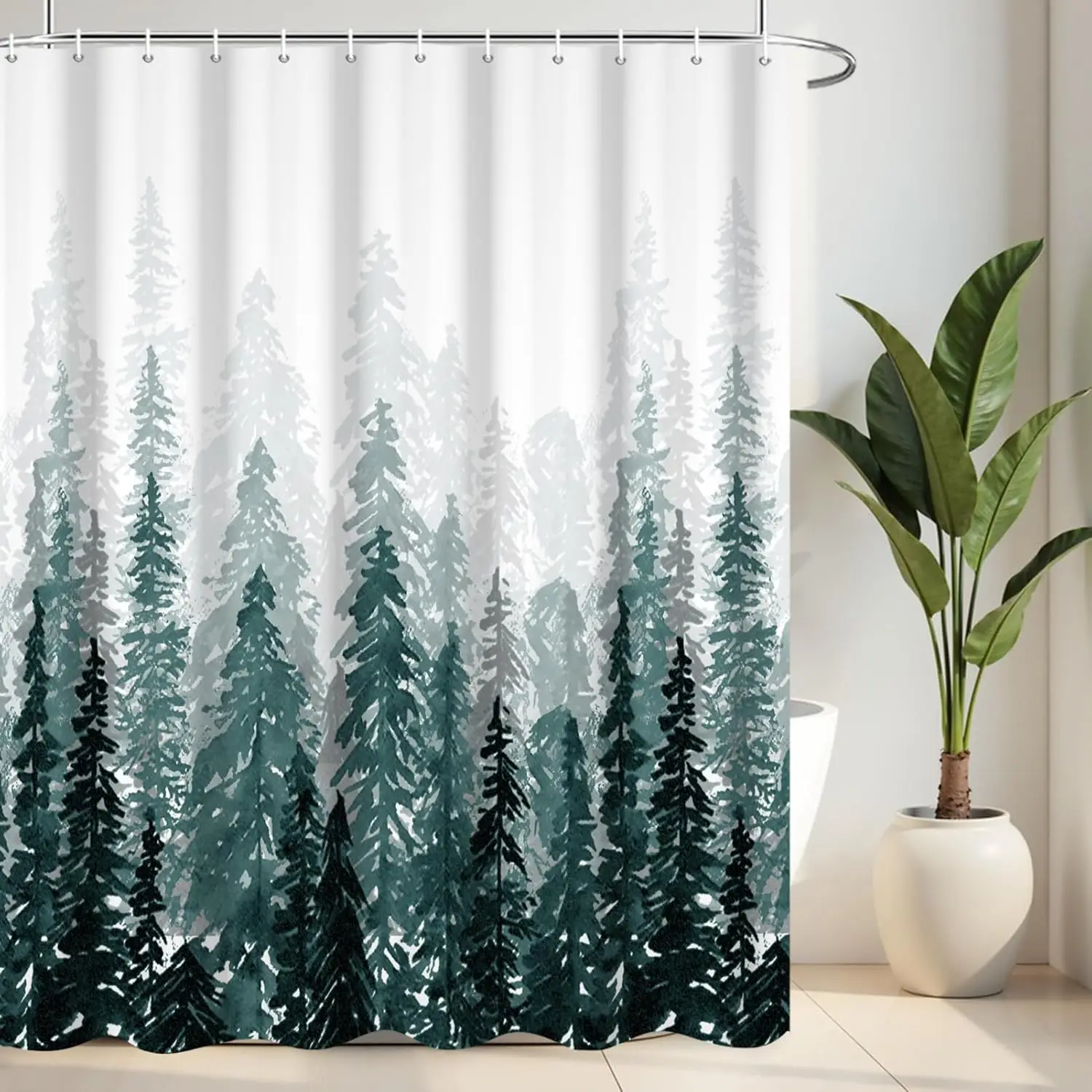 Dark Green Misty Pine Forest Shower Curtain, Nature Fog Waterproof Washable Bathroom Bathtub Decor Curtain With  Hooks
